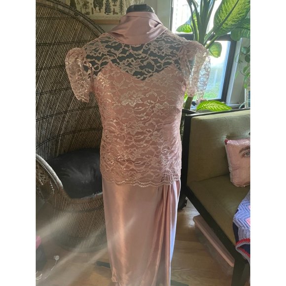 Vintage 80s Lacy Rose Pink Silky Slip Dress with Lace Overlay and High Neck Silk - Picture 1 of 9